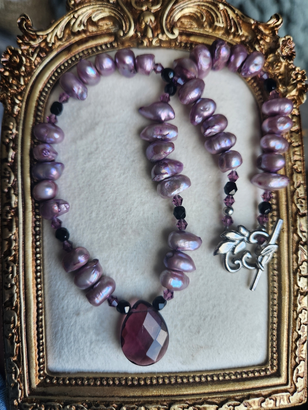 Artisan Lavender Irridescent Freshwater Pearl Necklace Glass Pendant Baroque